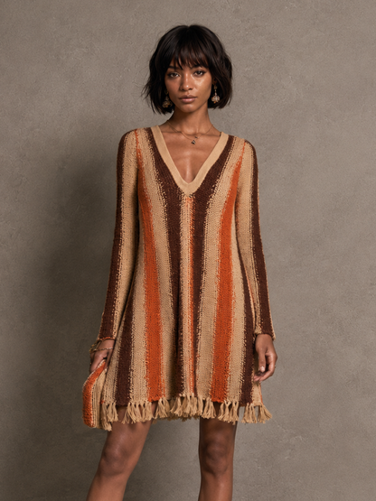 Women's Knit Fringe Striped Mini Dress – ModClo