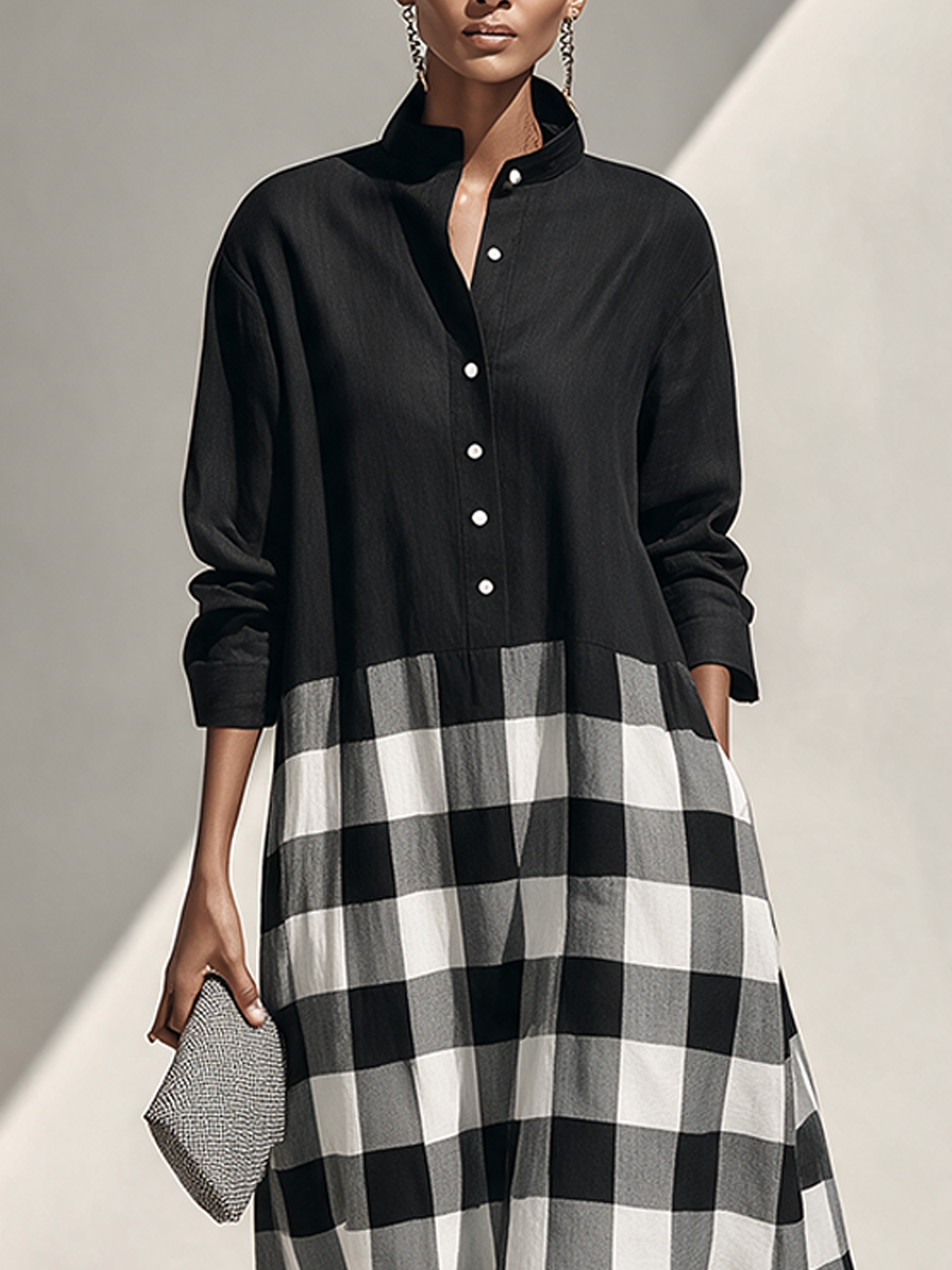 Women's Linen Long Sleeve Plaid Maxi Dress – ModClo