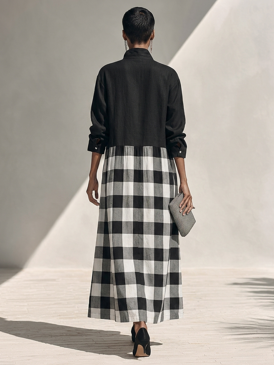 Women's Linen Long Sleeve Plaid Maxi Dress – ModClo