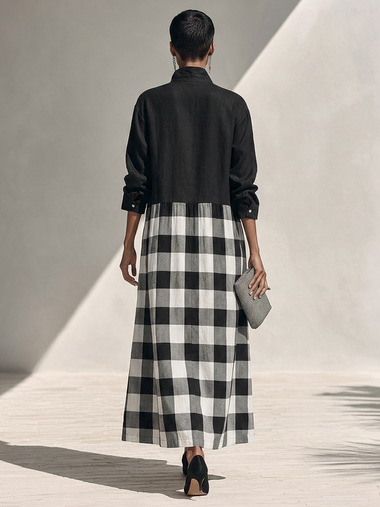Women's Linen Long Sleeve Plaid Maxi Dress – ModClo