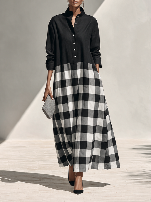 Women's Linen Long Sleeve Plaid Maxi Dress – ModClo