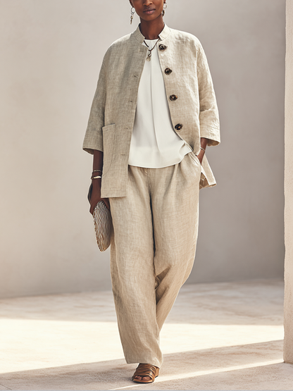 Women's Linen Stand Collar Trouser Set – ModClo