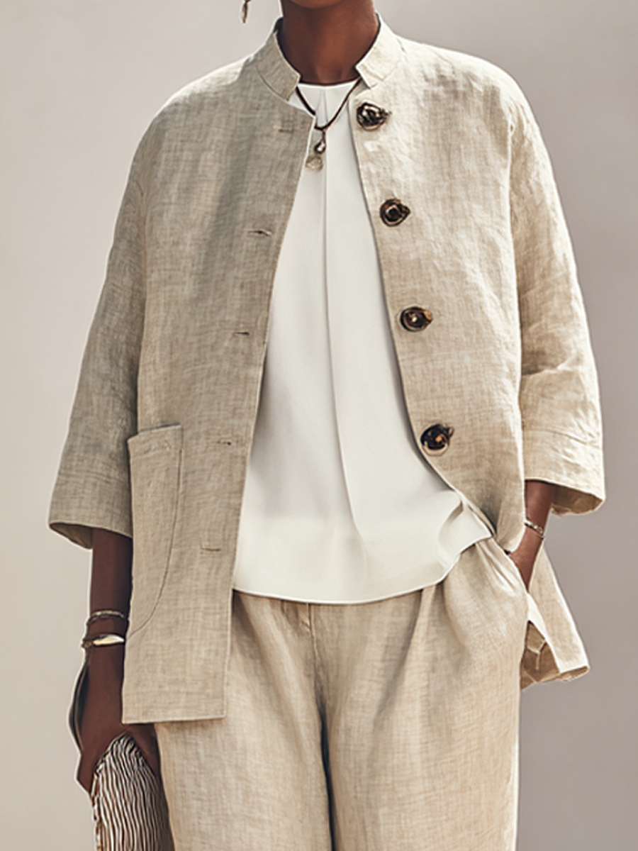 Women's Linen Stand Collar Trouser Set – ModClo