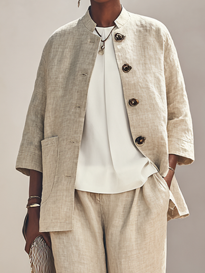 Women's Linen Stand Collar Trouser Set – ModClo