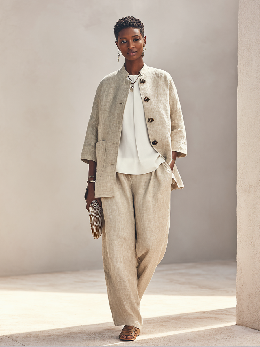 Women's Linen Stand Collar Trouser Set – ModClo