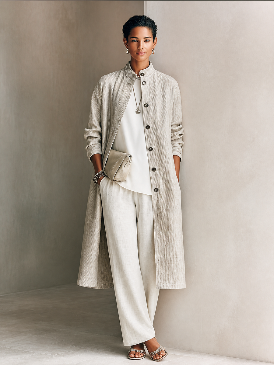 Women's Stand Collar Pinstripe Commuter Long Coat – ModClo