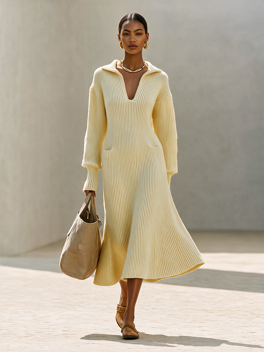 Women's Long Sleeve Johnny Collar Midi Dress – ModClo