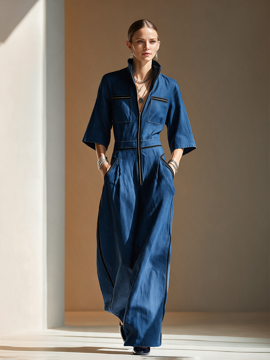 Women's Black Denim Short Sleeve Cargo Jumpsuit – ModClo