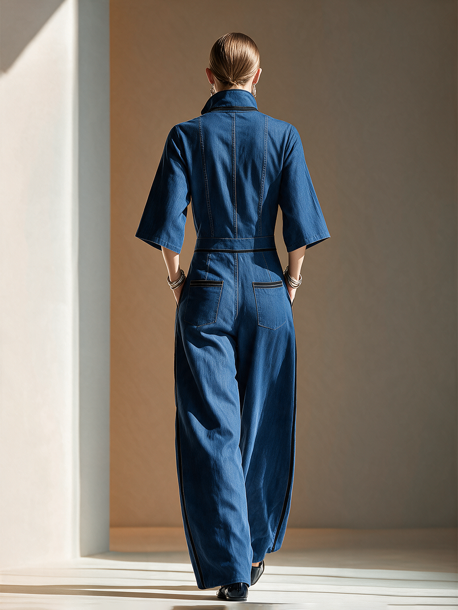 Women's Black Denim Short Sleeve Cargo Jumpsuit – ModClo