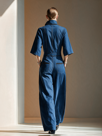 Women's Black Denim Short Sleeve Cargo Jumpsuit – ModClo
