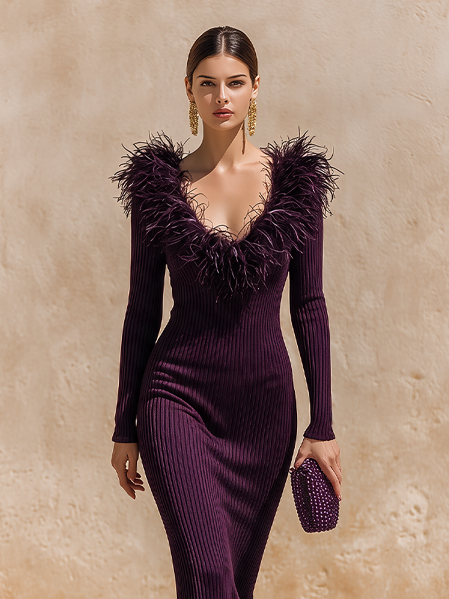 Women's Feather Trim Neck Sweater Dress – ModClo
