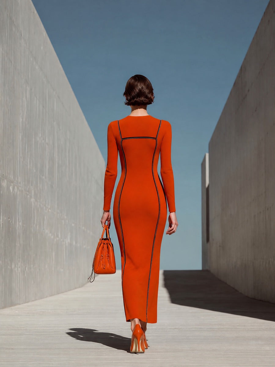 Women's Orange Long Sleeve Maxi Dress – ModClo