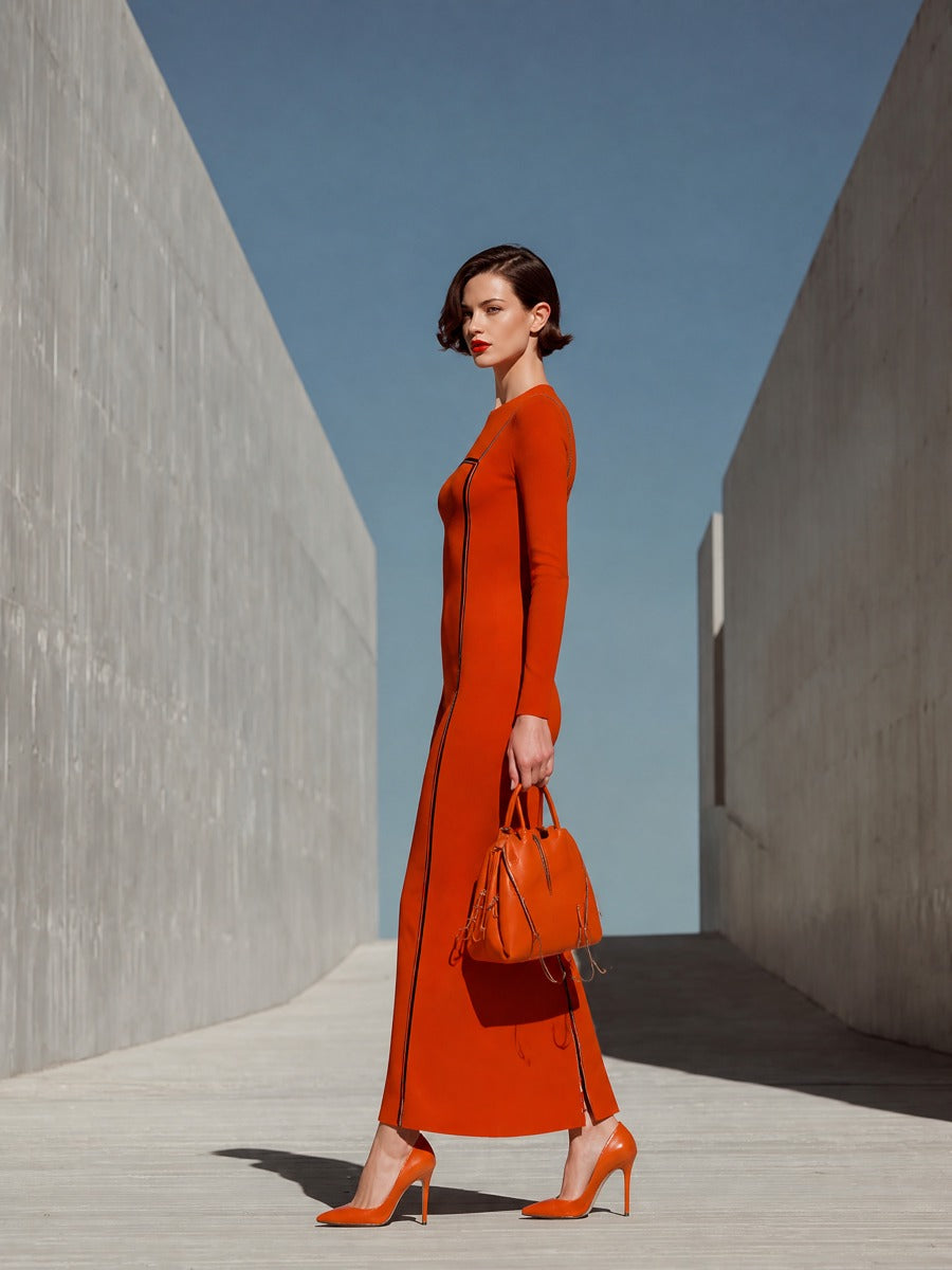 Women's Orange Long Sleeve Maxi Dress – ModClo