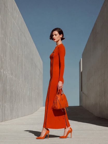 Women's Orange Long Sleeve Maxi Dress – ModClo