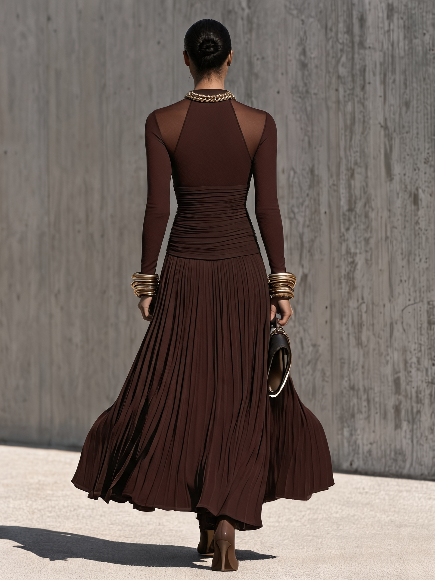 Women's Brown Ruched Pleated Maxi Dress – ModClo