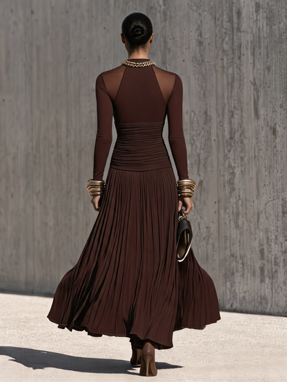 Women's Brown Ruched Pleated Maxi Dress – ModClo