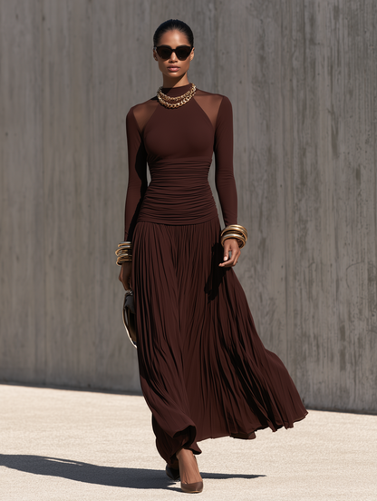 Women's Brown Ruched Pleated Maxi Dress – ModClo