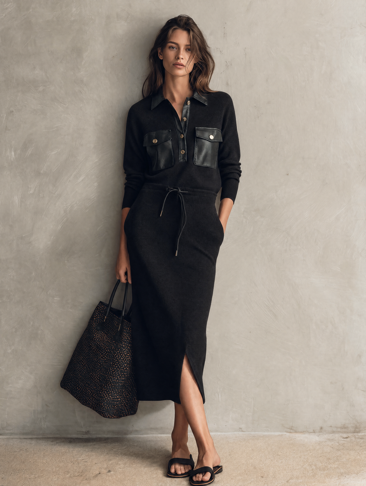 Women's Black Knit Long Sleeve Midi Dress – ModClo