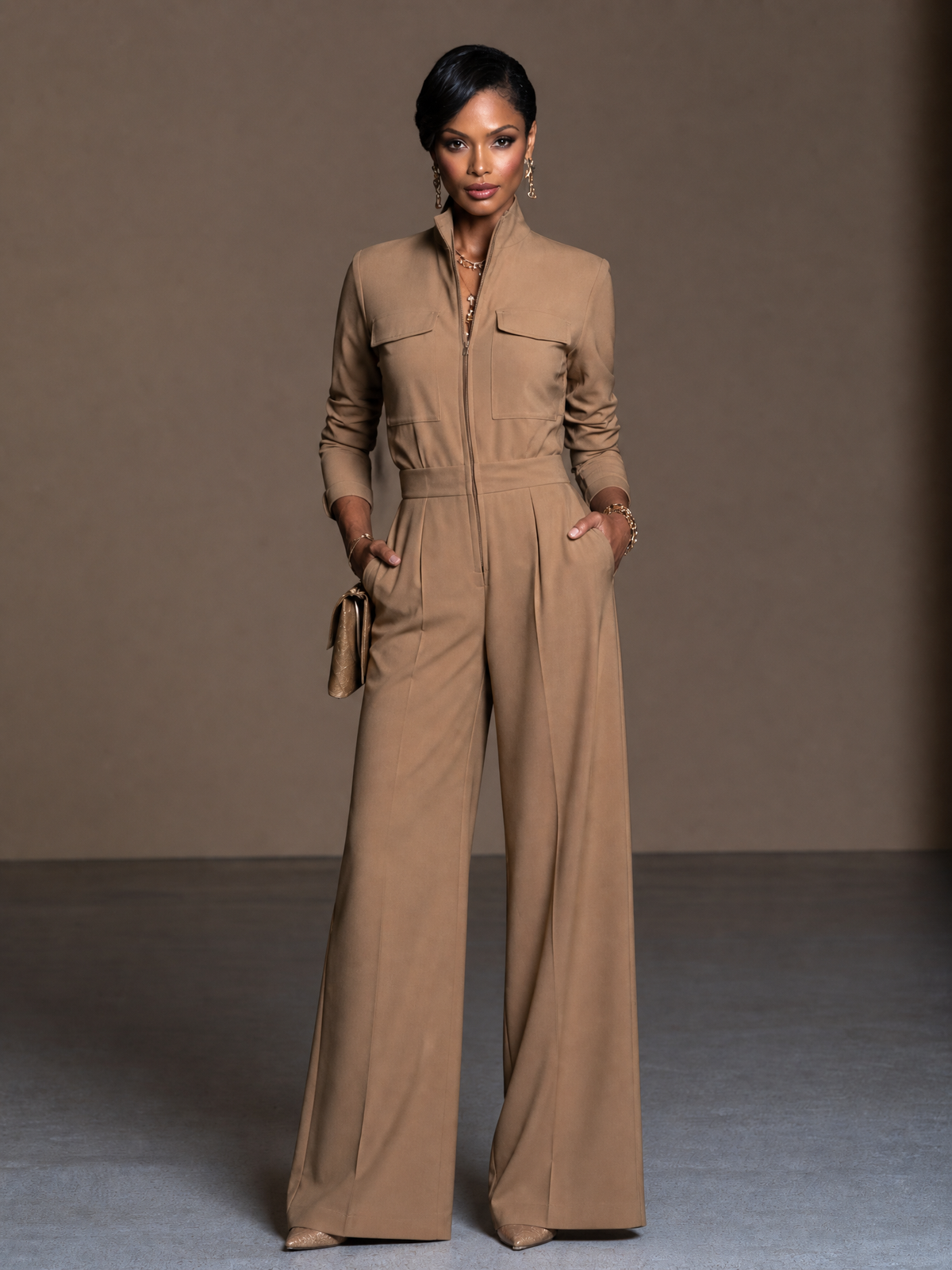Women's Long Sleeve Zipper Stand Collar Jumpsuit – ModClo