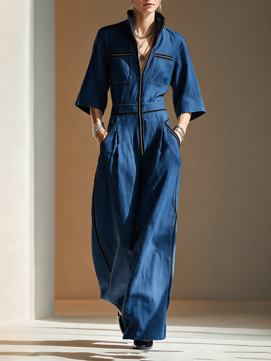 Women's Black Denim Short Sleeve Cargo Jumpsuit – ModClo