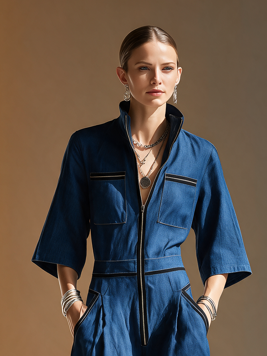Women's Black Denim Short Sleeve Cargo Jumpsuit – ModClo