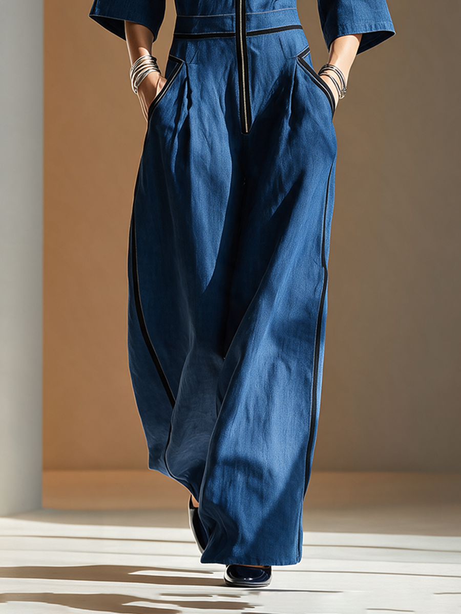 Women's Black Denim Short Sleeve Cargo Jumpsuit – ModClo