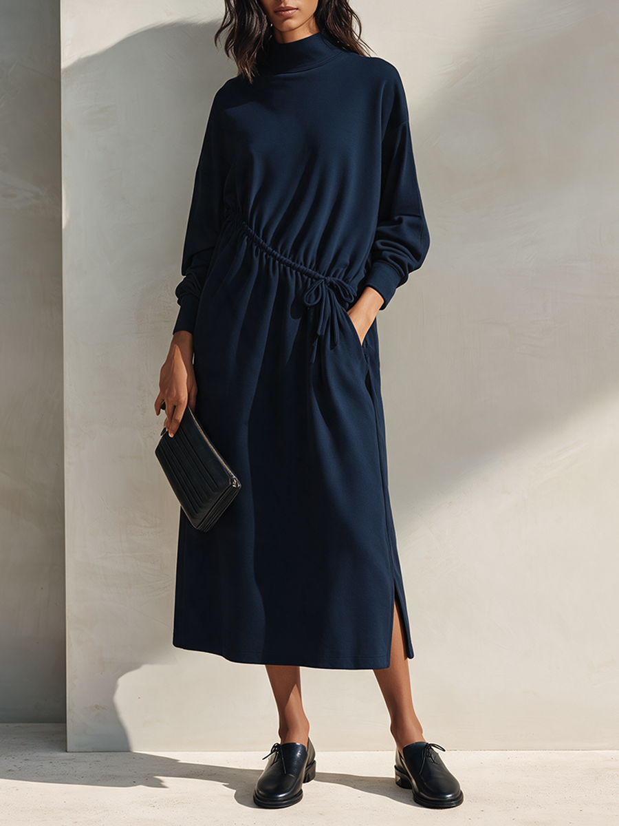 Women's Navy Cotton Drawstring Midi Dress – ModClo