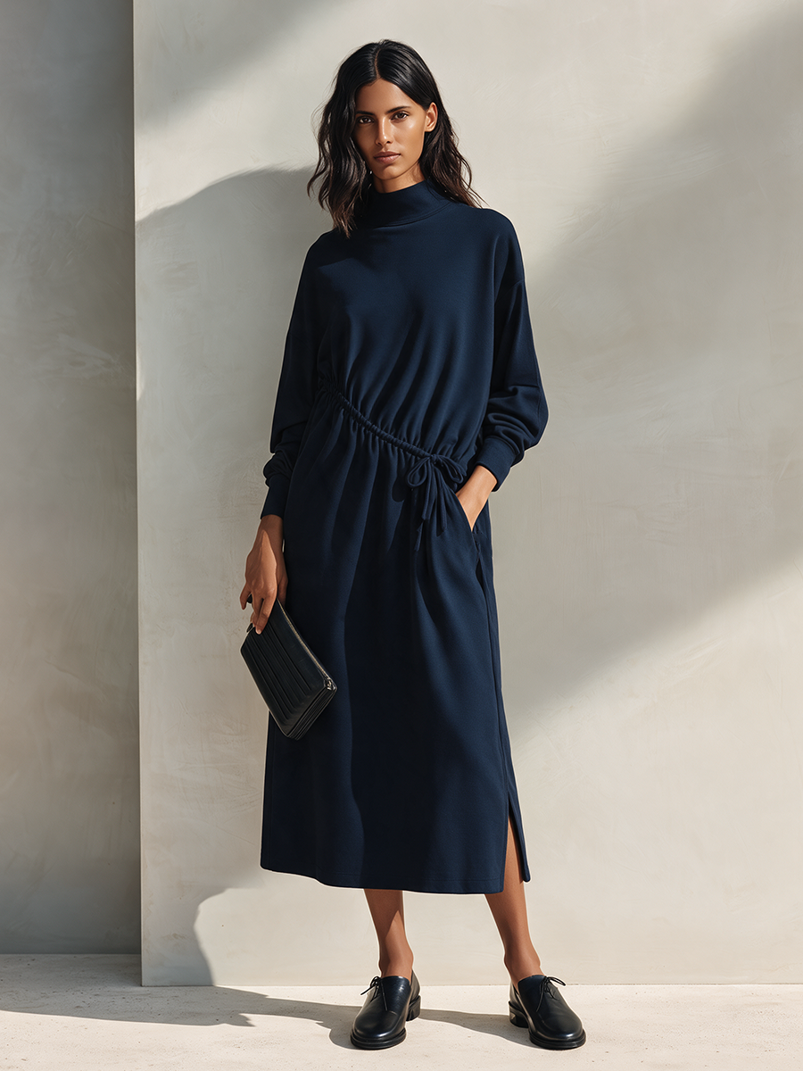 Women's Navy Cotton Drawstring Midi Dress – ModClo
