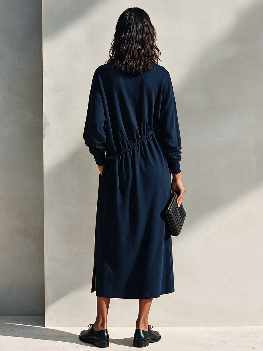 Women's Navy Cotton Drawstring Midi Dress – ModClo
