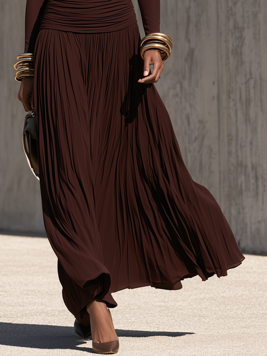 Women's Brown Ruched Pleated Maxi Dress – ModClo
