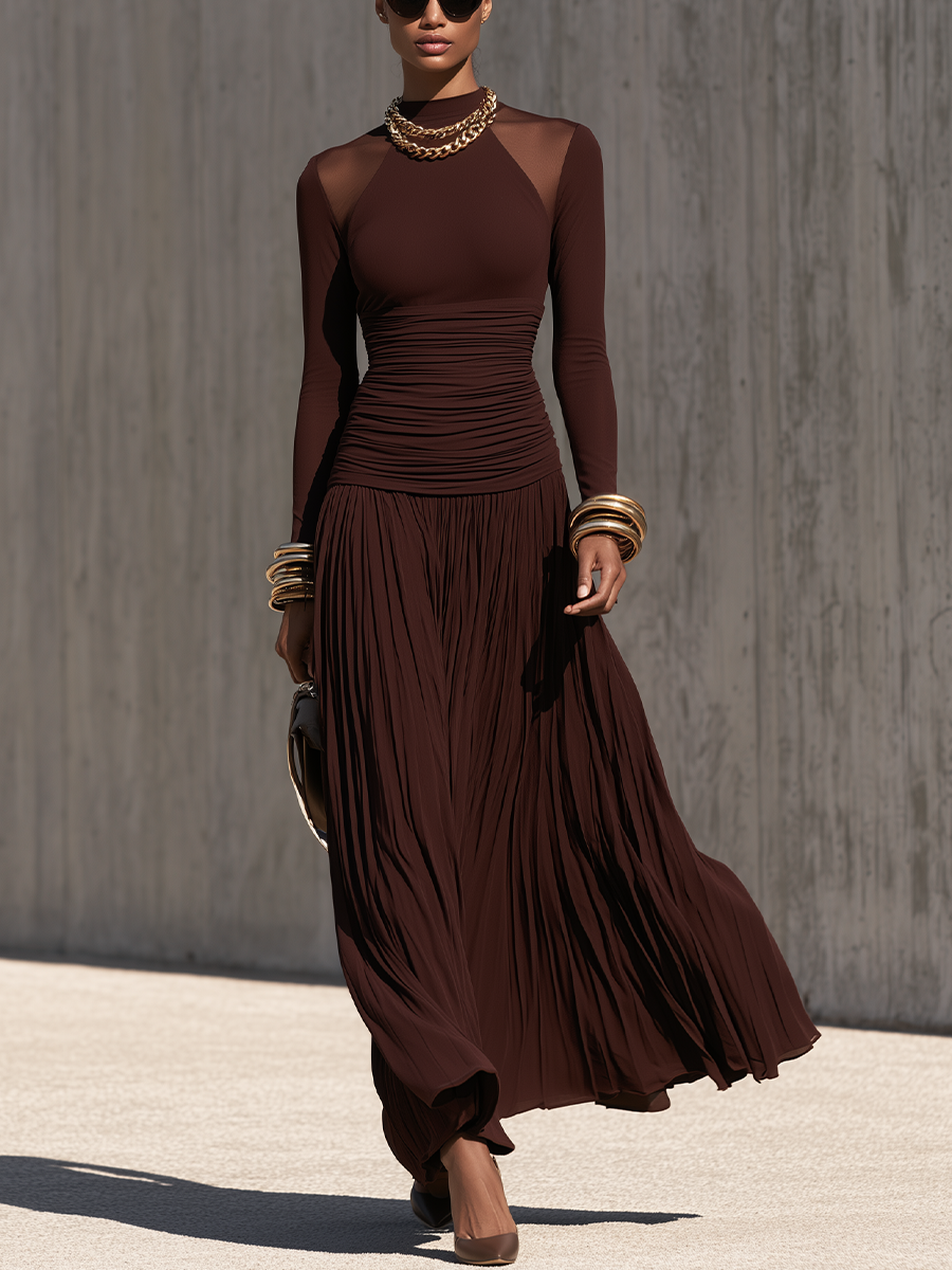 Women's Brown Ruched Pleated Maxi Dress – ModClo