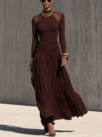 Women's Brown Ruched Pleated Maxi Dress – ModClo