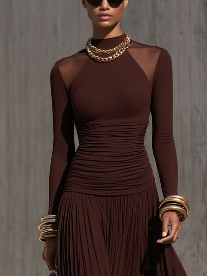 Women's Brown Ruched Pleated Maxi Dress – ModClo