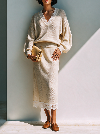 Women's Knit Lace Trimmed Skirt Set – ModClo
