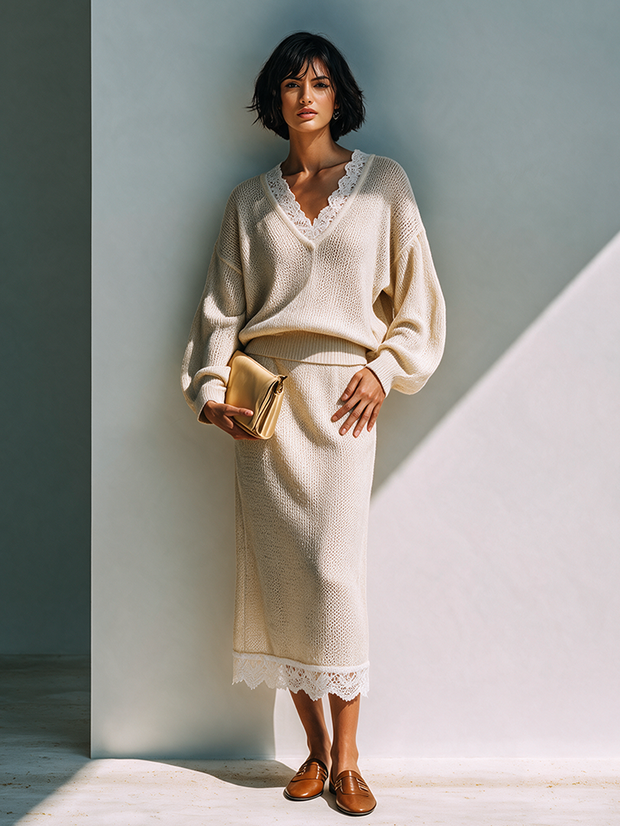 Women's Knit Lace Trimmed Skirt Set – ModClo