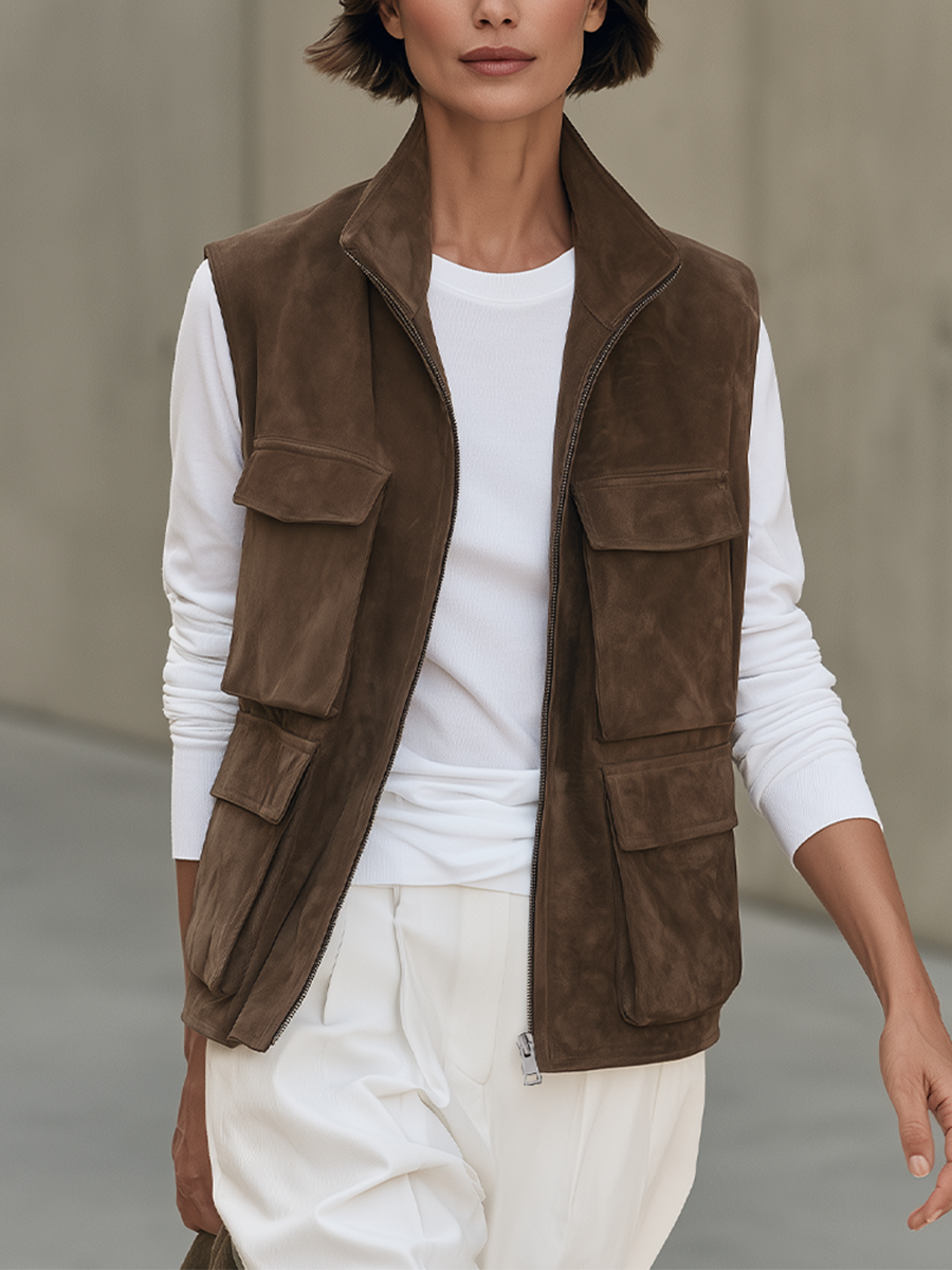 Women's Brown Utility Stand Collar Vest – ModClo