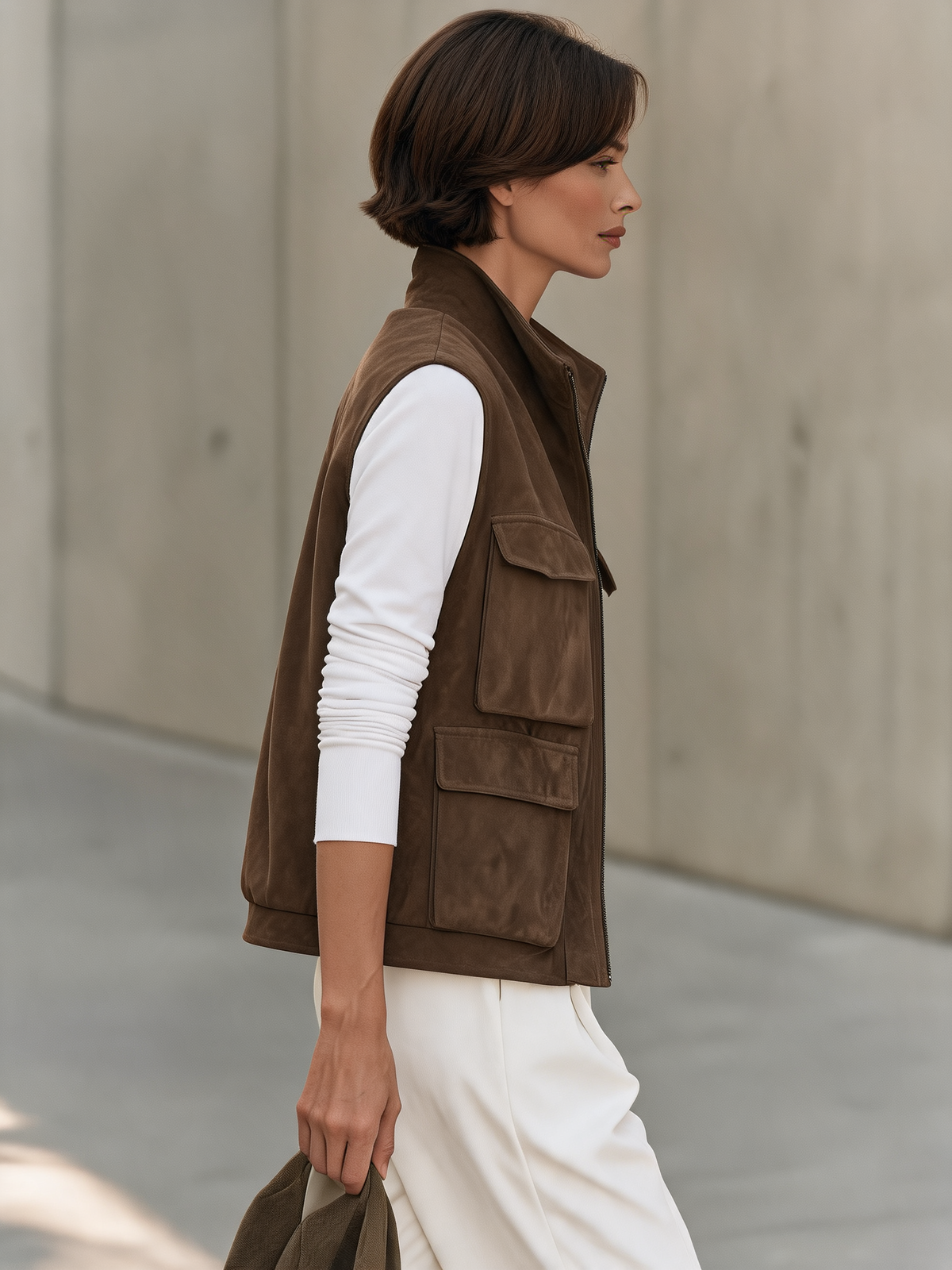 Women's Brown Utility Stand Collar Vest – ModClo