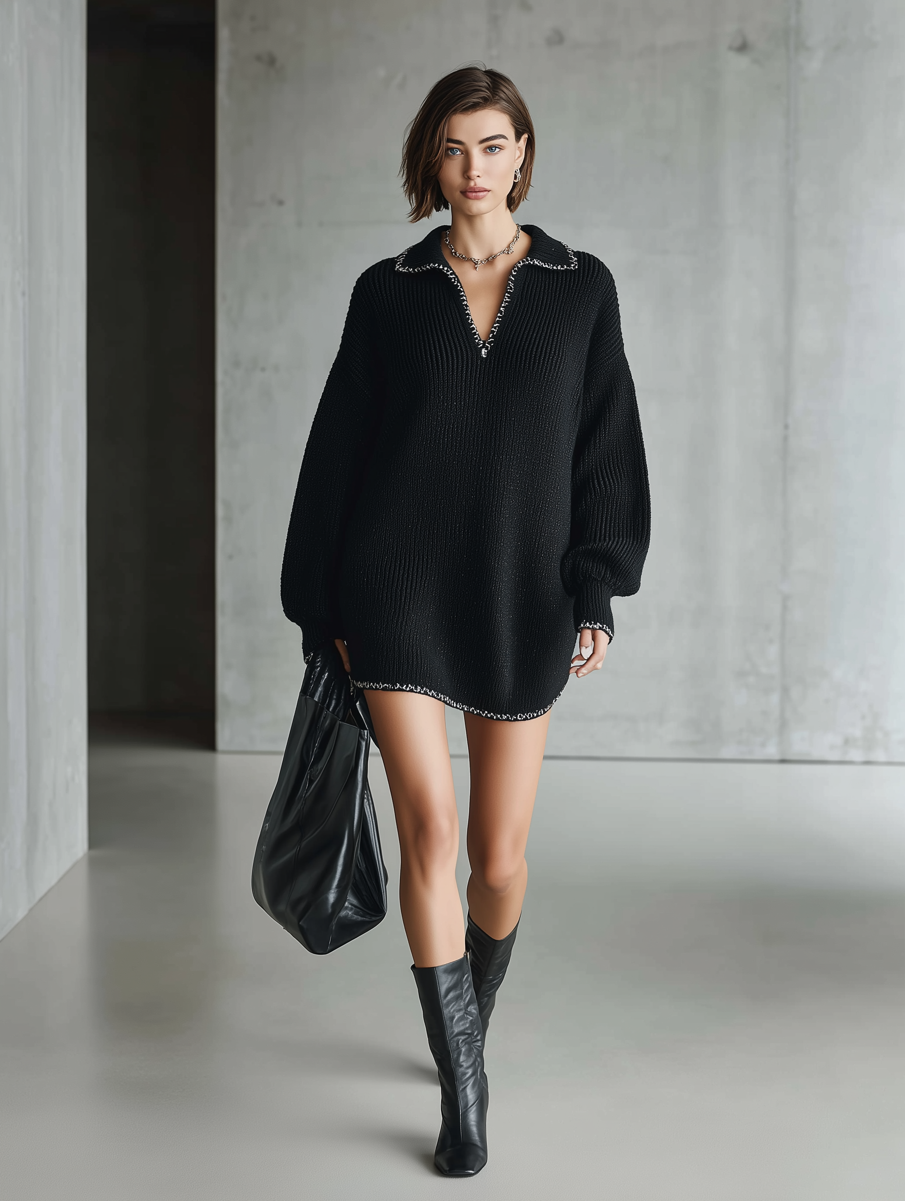 Women's Black Knit Oversized Mini Dress – ModClo