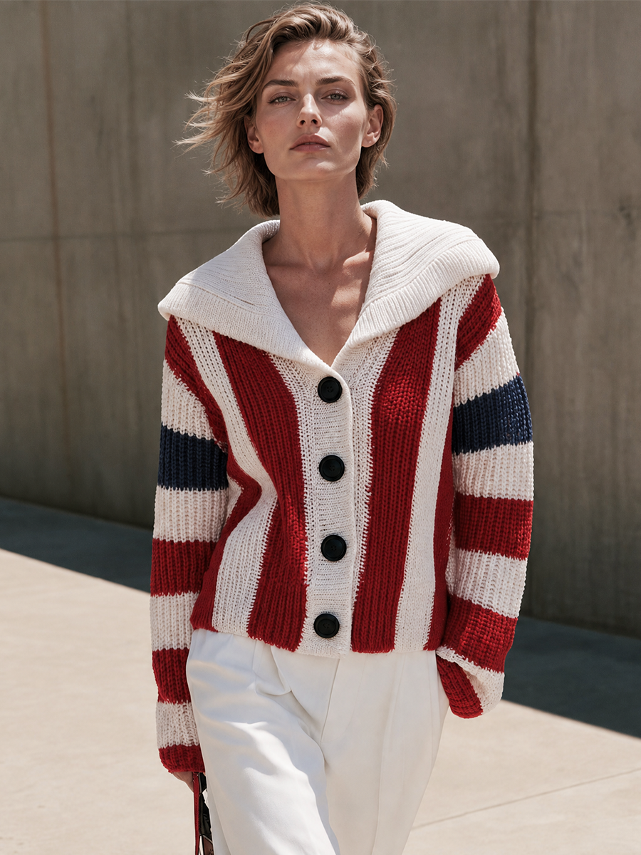 Women's White Striped Shawl Collar Cardigan – ModClo