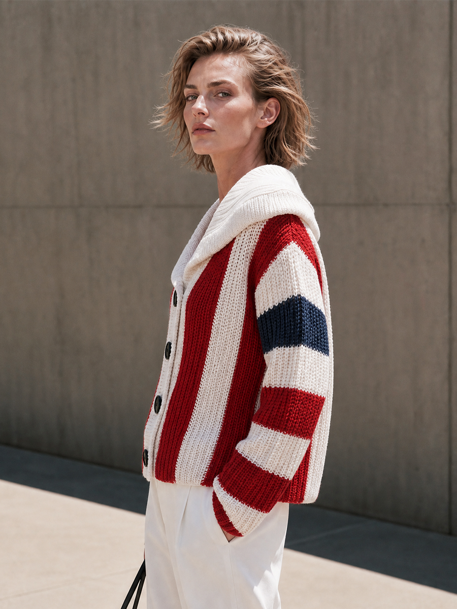 Women's White Striped Shawl Collar Cardigan – ModClo