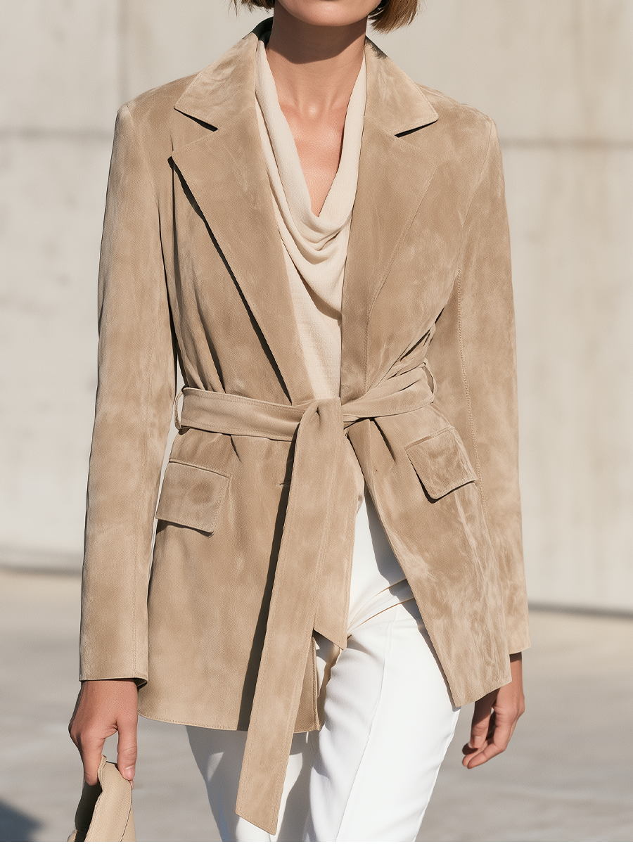 Women's Beige Belted Lapel Blazer – ModClo