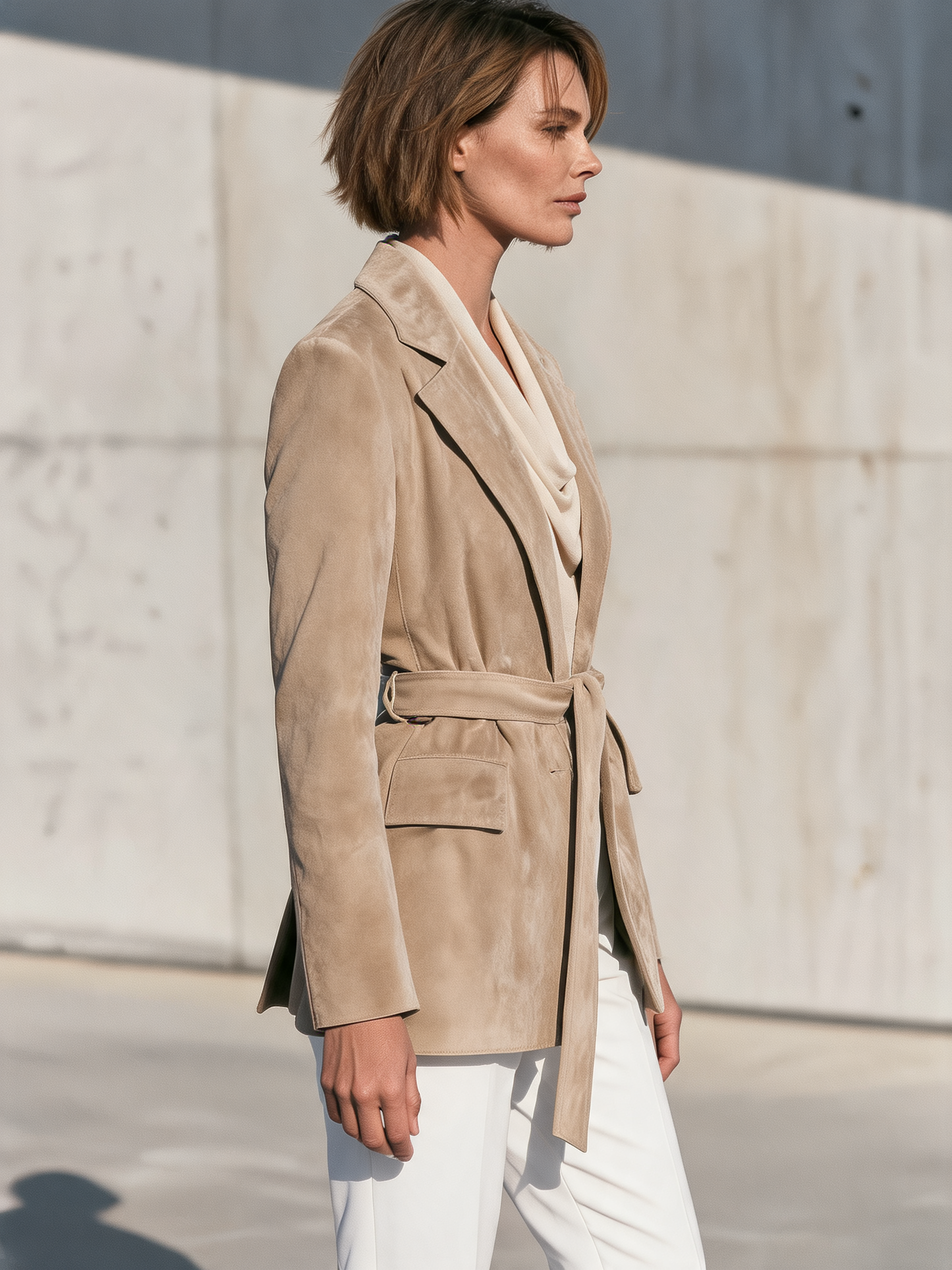 Women's Beige Belted Lapel Blazer – ModClo
