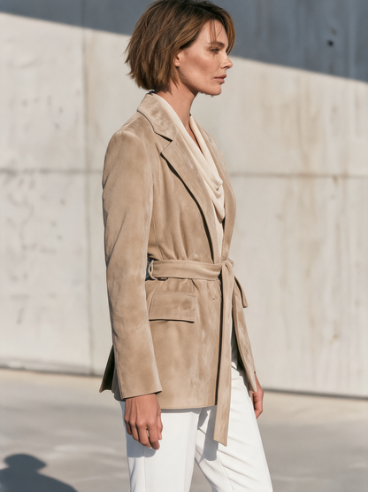 Women's Beige Belted Lapel Blazer – ModClo