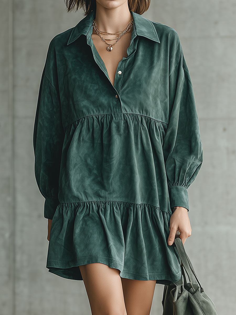 Women's Green Long Sleeve Tiered Mini Dress – ModClo