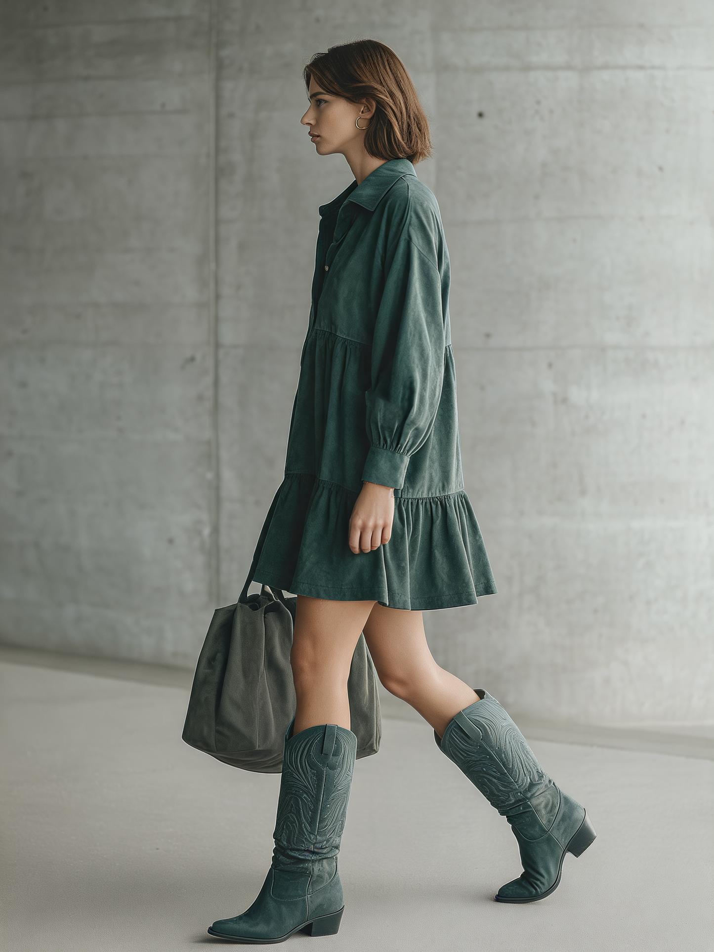 Women's Green Long Sleeve Tiered Mini Dress – ModClo