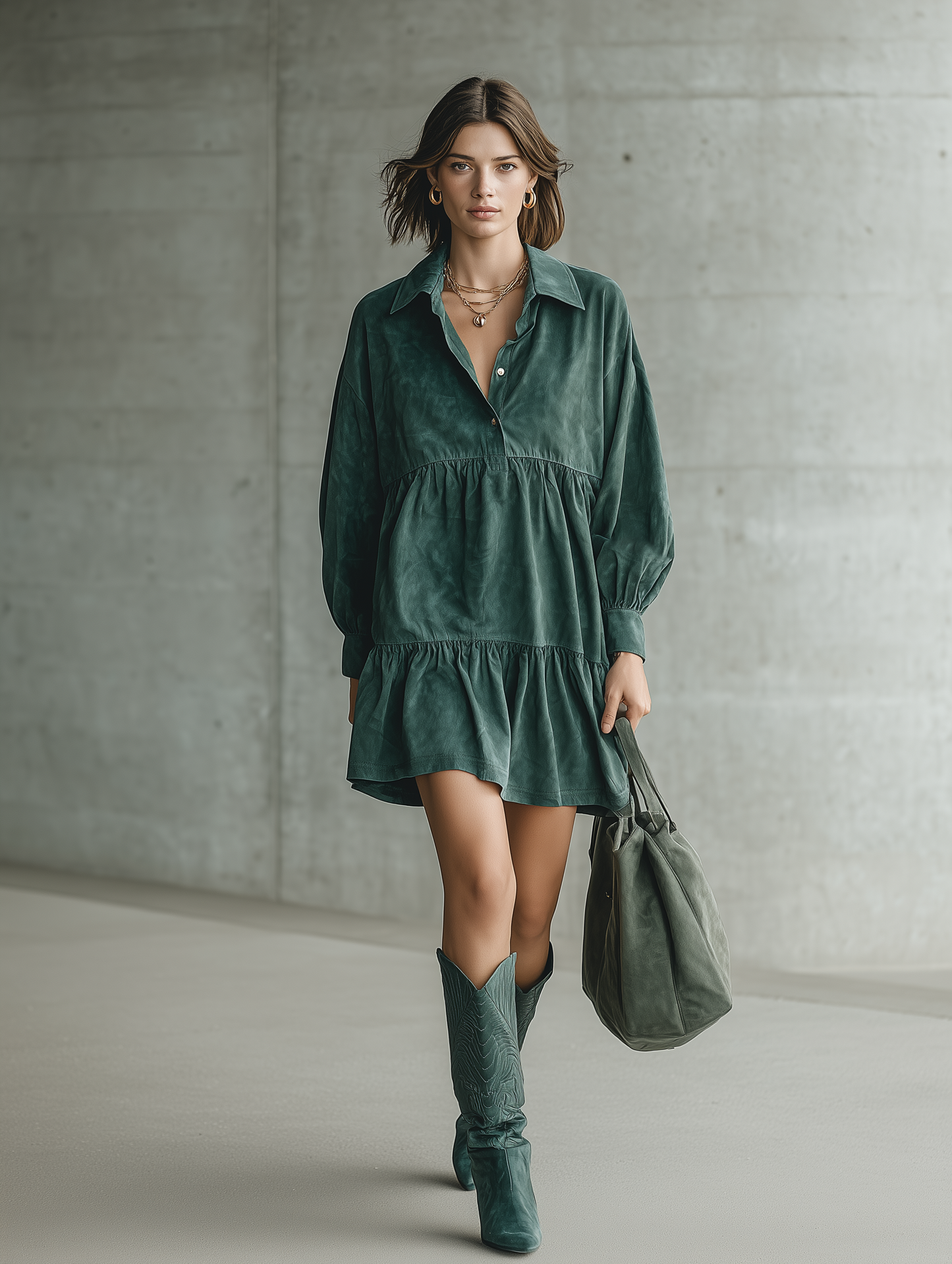 Women's Green Long Sleeve Tiered Mini Dress – ModClo