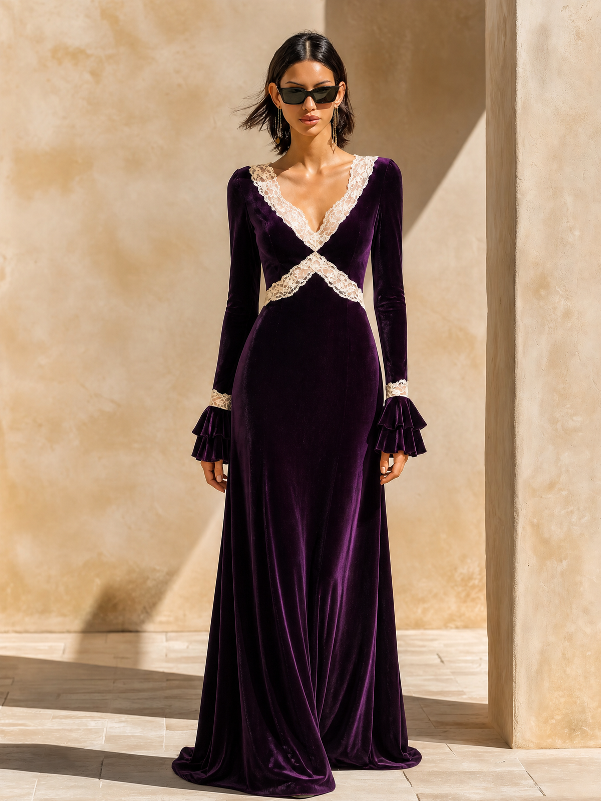 Women's Velvet Lace Trim Maxi Dress – ModClo