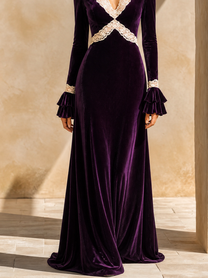 Women's Velvet Lace Trim Maxi Dress – ModClo