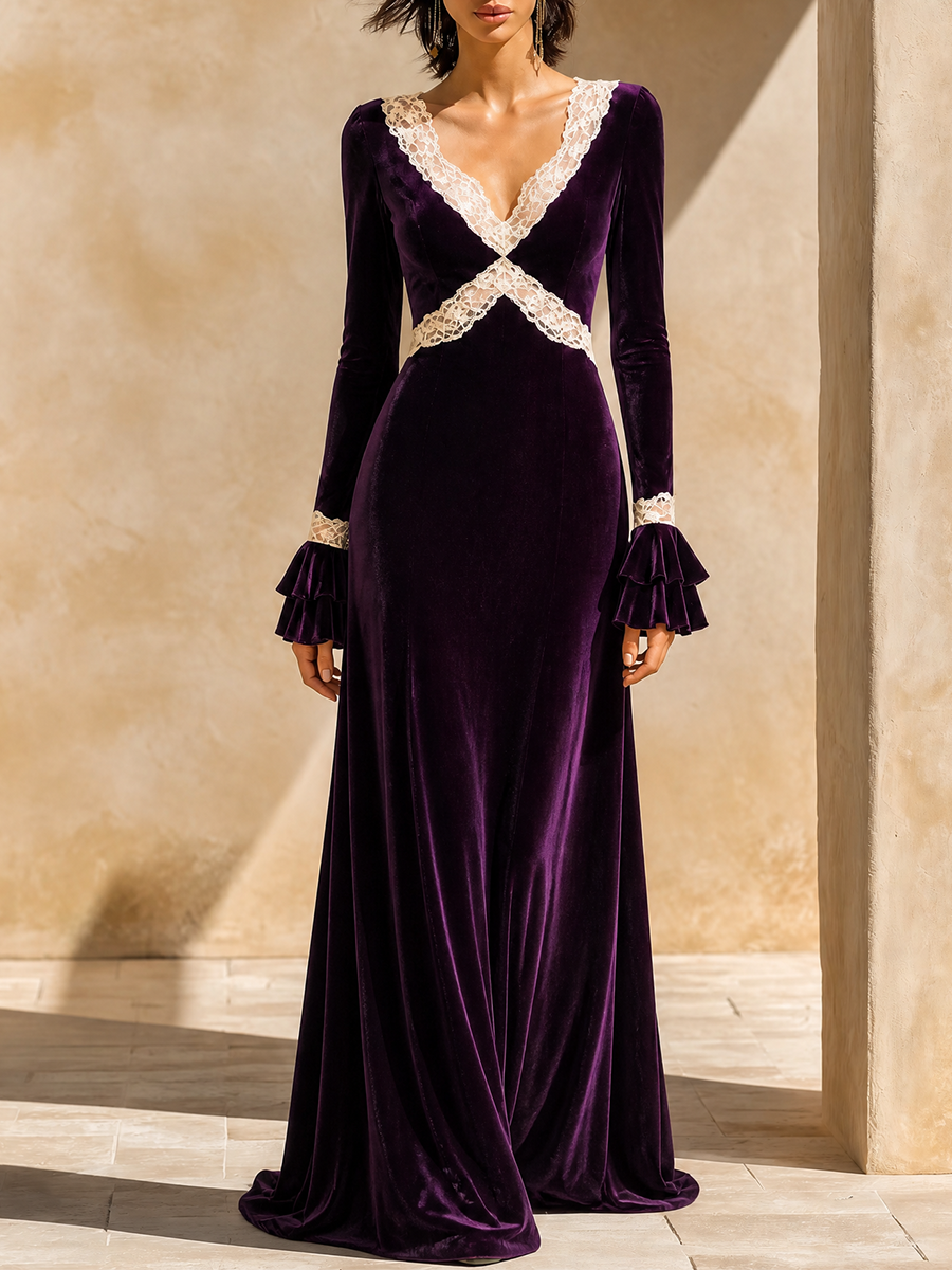 Women's Velvet Lace Trim Maxi Dress – ModClo