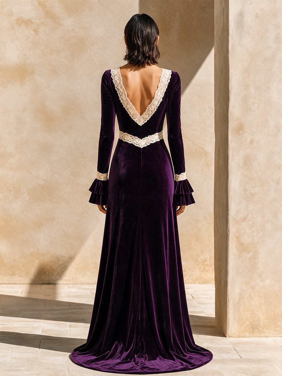 Women's Velvet Lace Trim Maxi Dress – ModClo